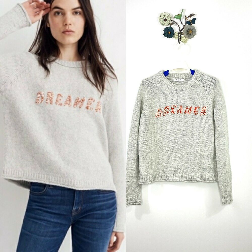 Madewell Gray Cotton Dreamer Embroidered Knit Keaton Pullover Sweater XXS NWT